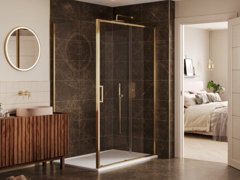 Merlyn brushed brass framed sliding-door shower enclosure
