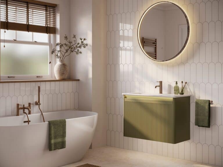 Olive green wall-hung vanity unit below a round illuminated mirror