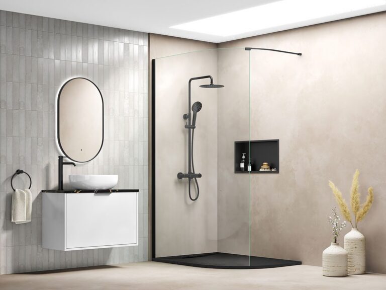 MyLife Emmi curved glass wetroom panel with matt black frame and shower in a neutral bathroom