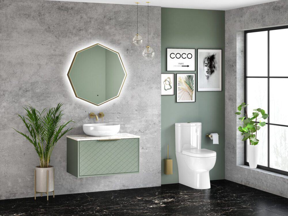 MyLife Bonita 800 sage green wall-hung vanity with octagonal mirror and wall-hung toilet