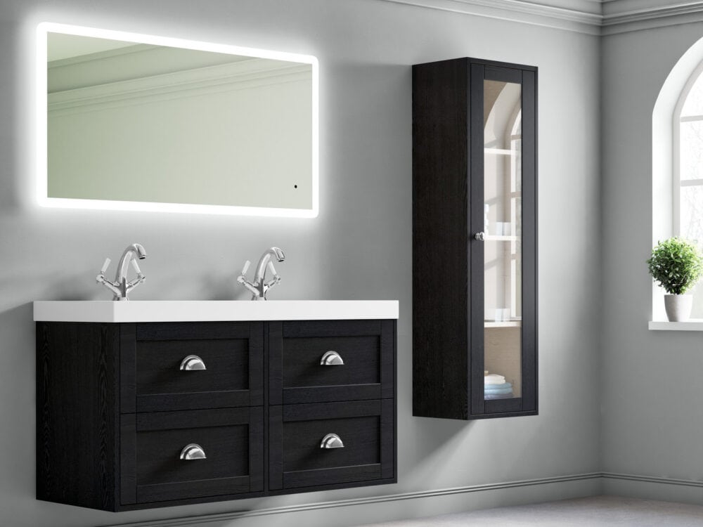 MyLife Clayton black shaker vanity unit with an illuminated mirror and tall glazed cabinet