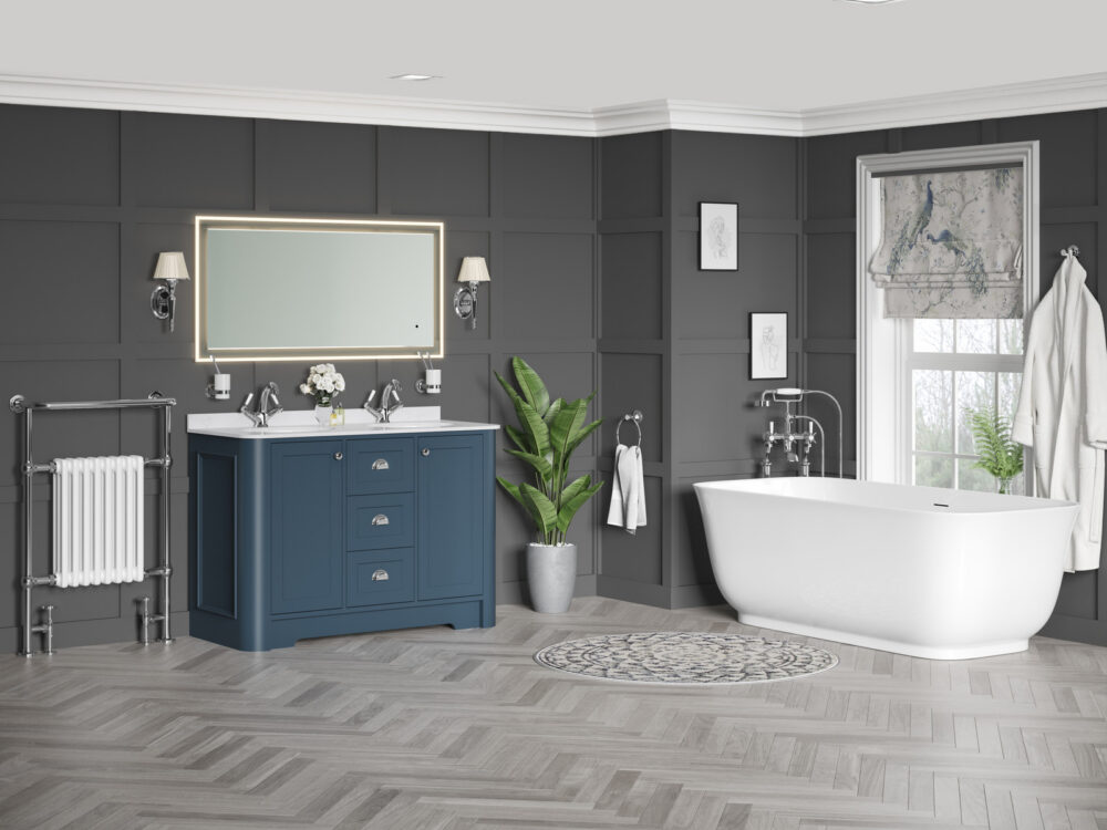 MyLife Farnham navy traditional vanity unit with a freestanding bath, panelled walls and herringbone flooring