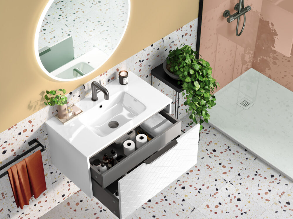 MyLife Bonita matt white vanity with an open drawer, oval illuminated mirror and terrazzo flooring