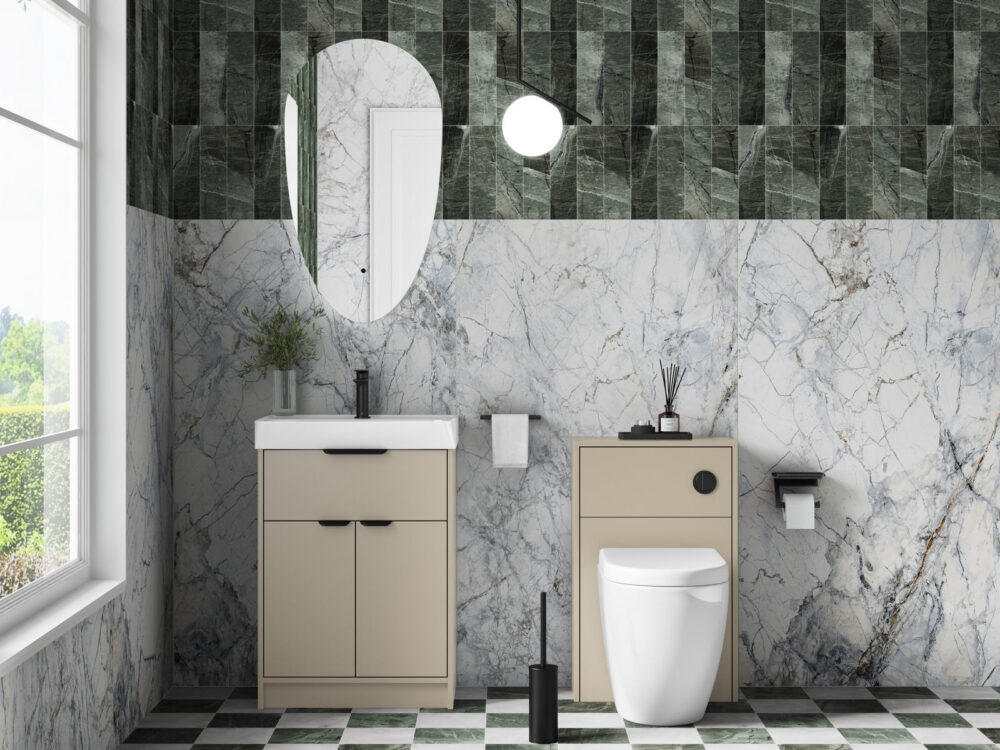 MyLife Calia fine greige floor-standing vanity and WC unit against green tiles with a chequerboard floor