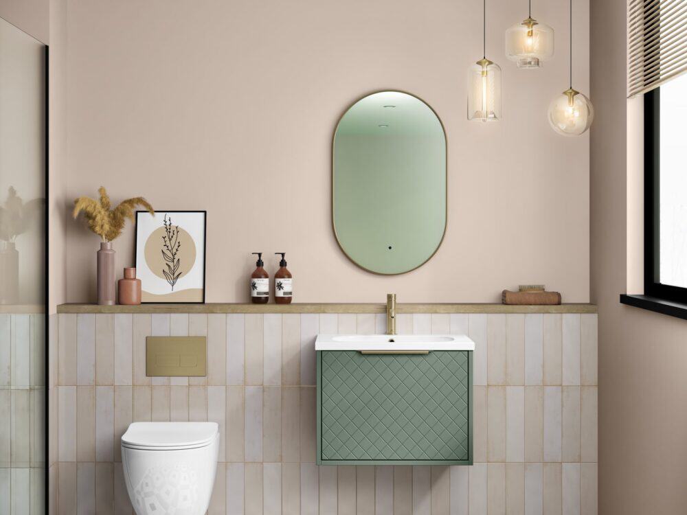 MyLife Bonita 600 sage green vanity with Orca basin, oval mirror and back-to-wall toilet