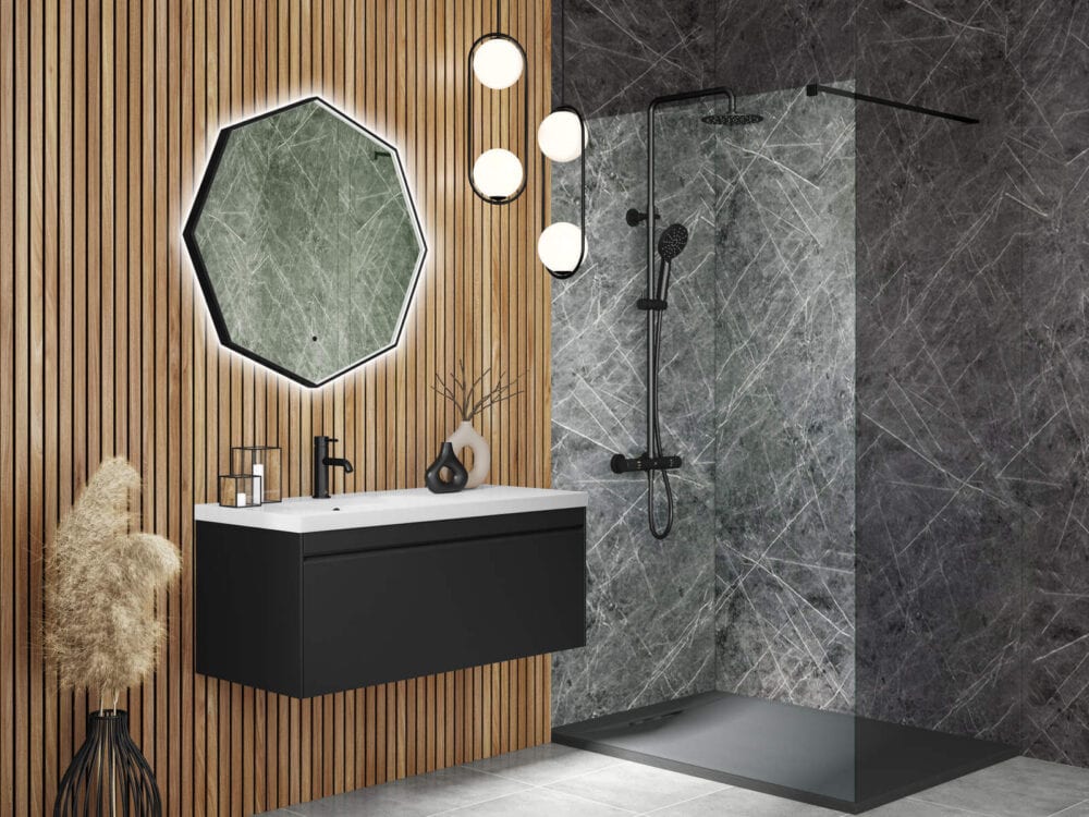MyLife Hampton black 1000mm wall-hung vanity with an octagonal mirror, timber slatted wall and walk-in shower