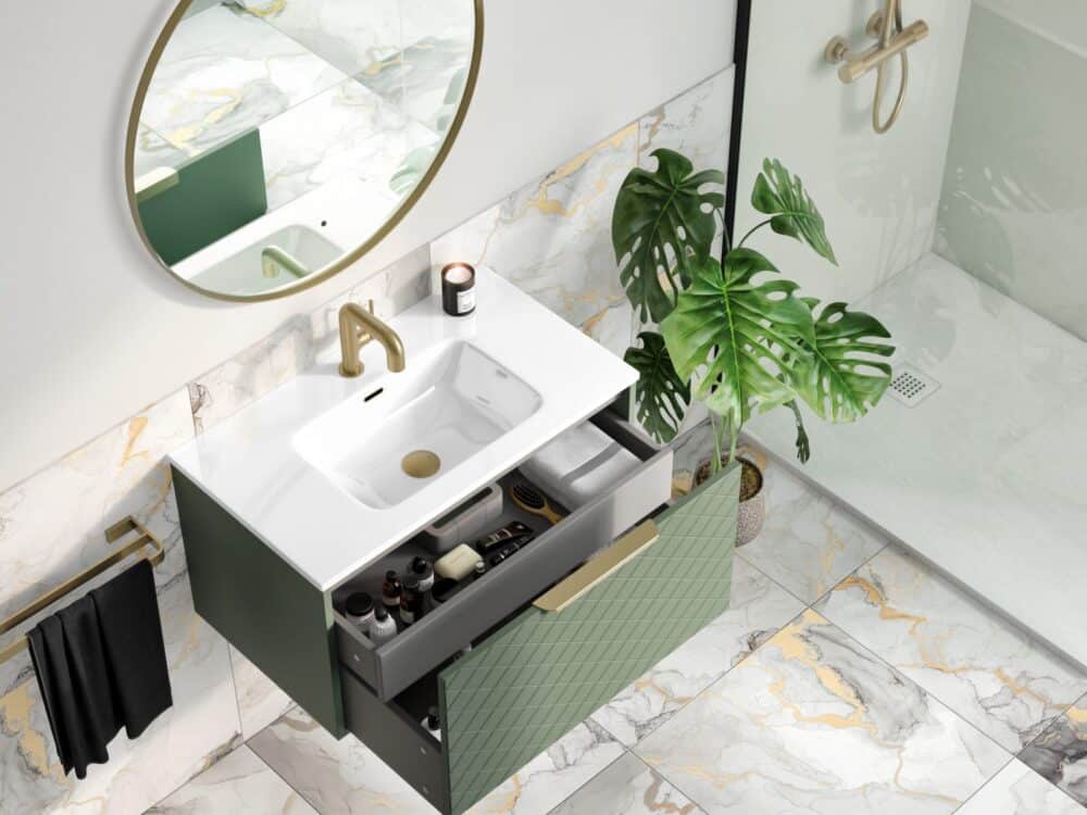 MyLife Bonita Lounge 800 sage green vanity with open drawer and gold tap on marble tiles