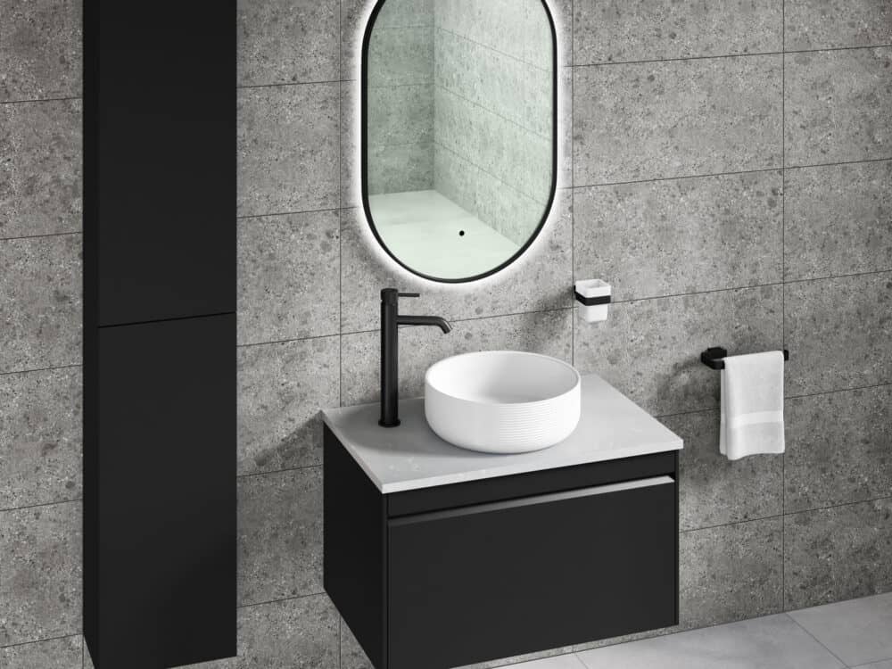 MyLife Hampton black wall-hung vanity with a round countertop basin and tall unit against concrete-effect walls