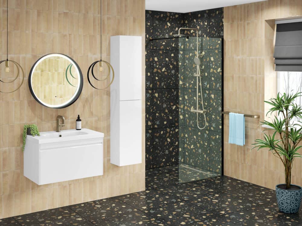 MyLife Hampton white wall-hung vanity with round mirrors, oak cladding and a terrazzo floor