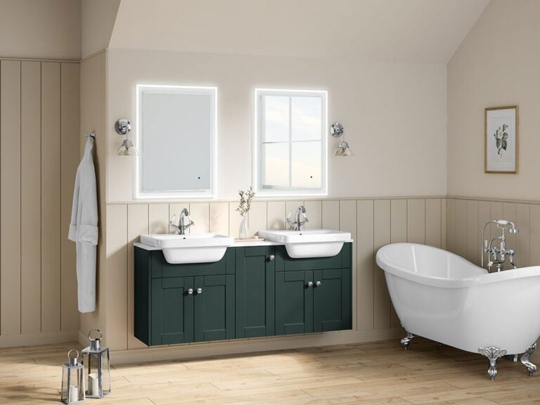 MyLife Gresham fitted bathroom furniture in fir green with twin basins and a roll-top bath