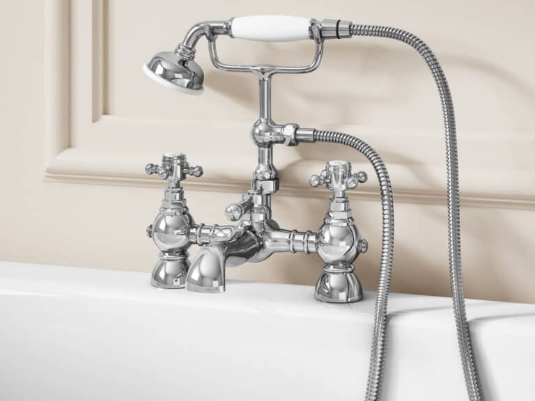 MyLife Heir traditional chrome crosshead bath shower mixer with a telephone handset on a roll-top bath