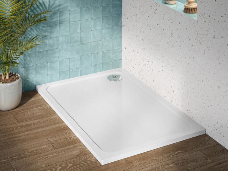 MyLife Exin low-profile rectangular shower tray in a wet room with teal and terrazzo tiling