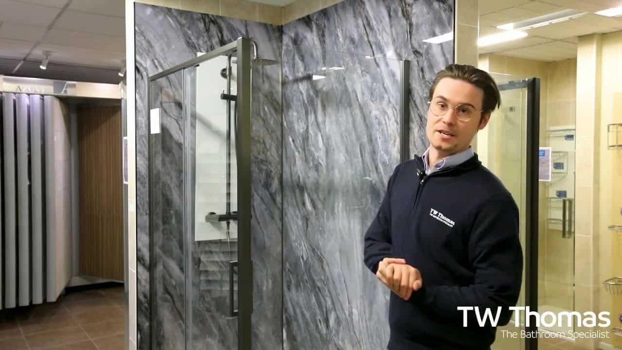 A still from the TW Thomas video Josh on the Merlyn Sleek shower enclosure