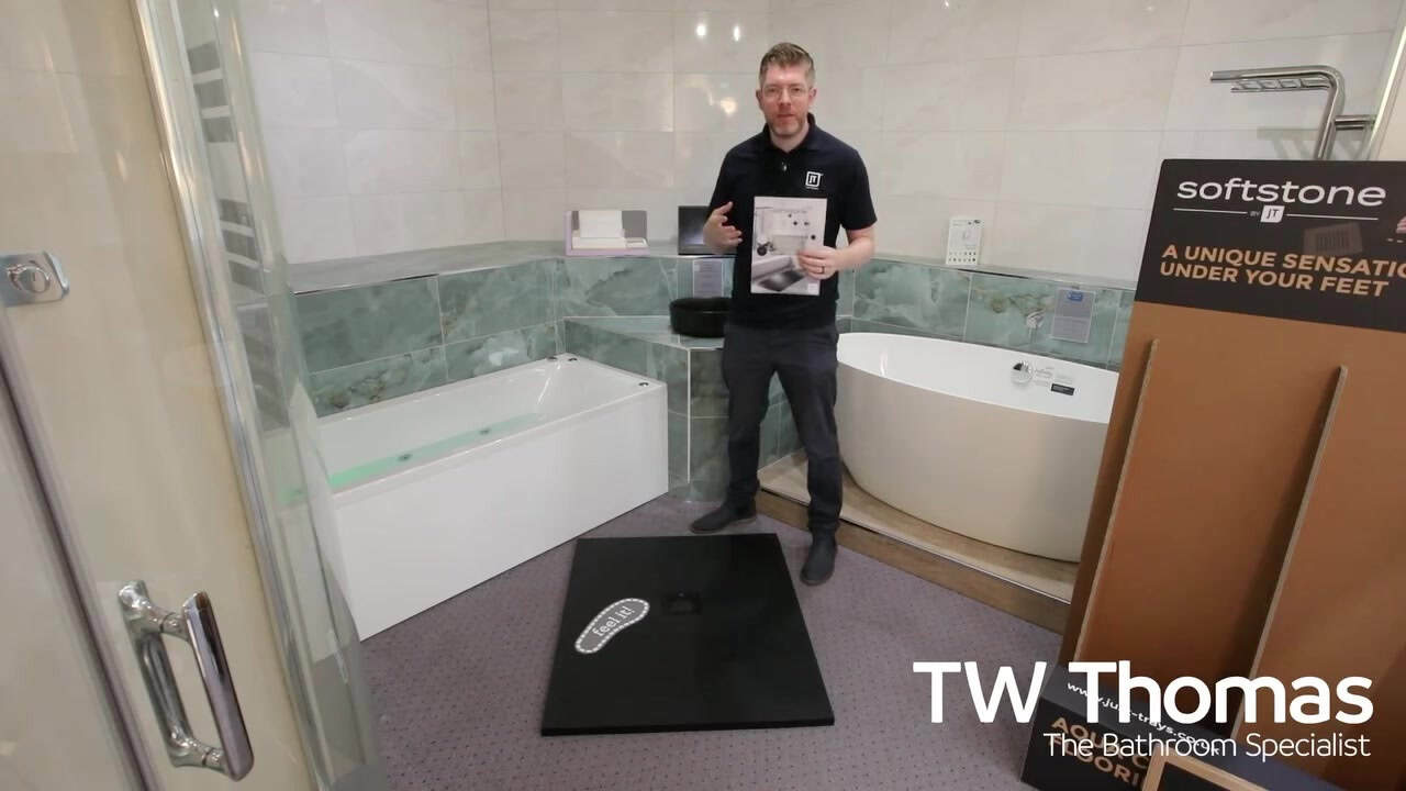 A still from the TW Thomas video Luke from Just Trays on the Softstone shower tray