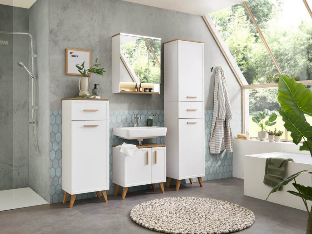 Pelipal Quickset white bathroom furniture with a tall cabinet in an attic bathroom