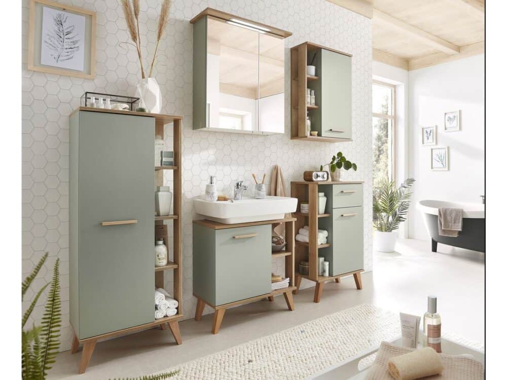 Pelipal Quickset Salvie sage green bathroom furniture with open shelving