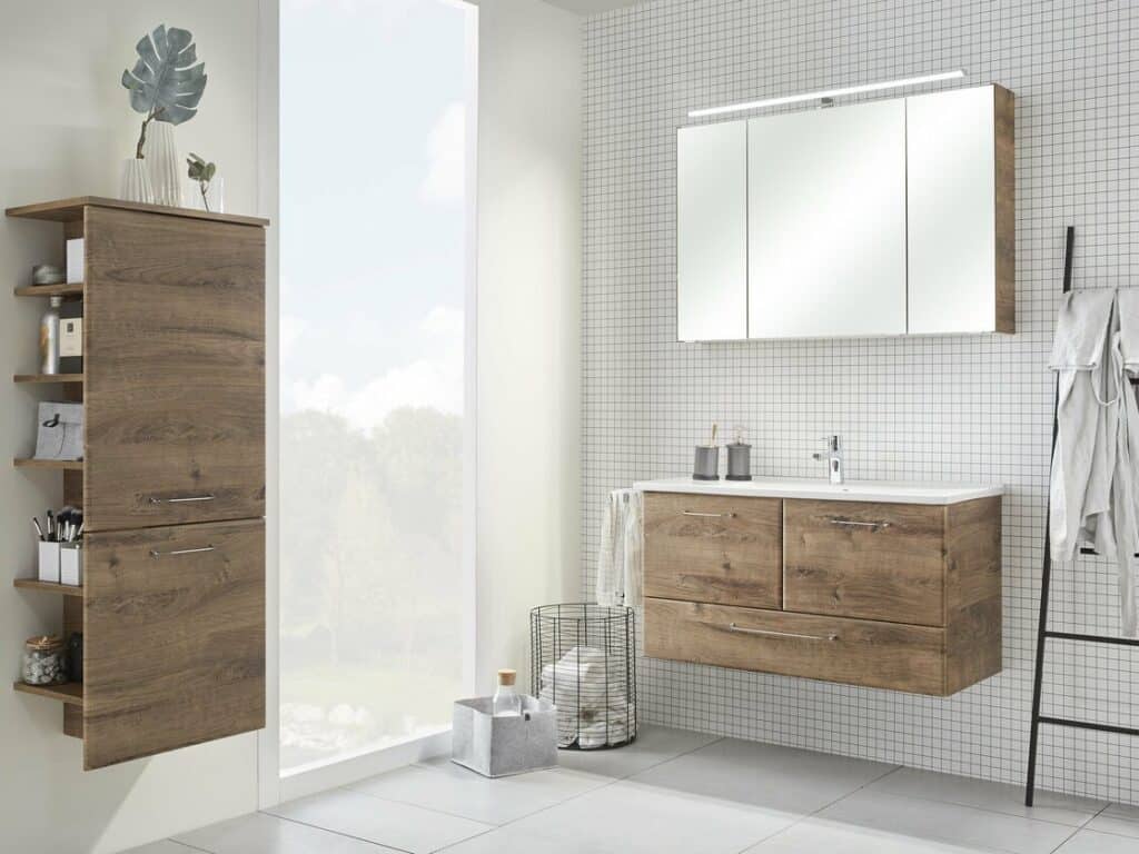 Pelipal Quickset wood-finish vanity, tall unit and mirror cabinet