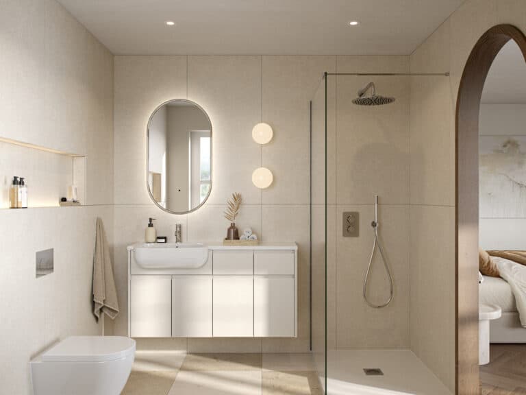 An R2 Hide fitted furniture run in fossil with an oval illuminated mirror and a walk-in shower