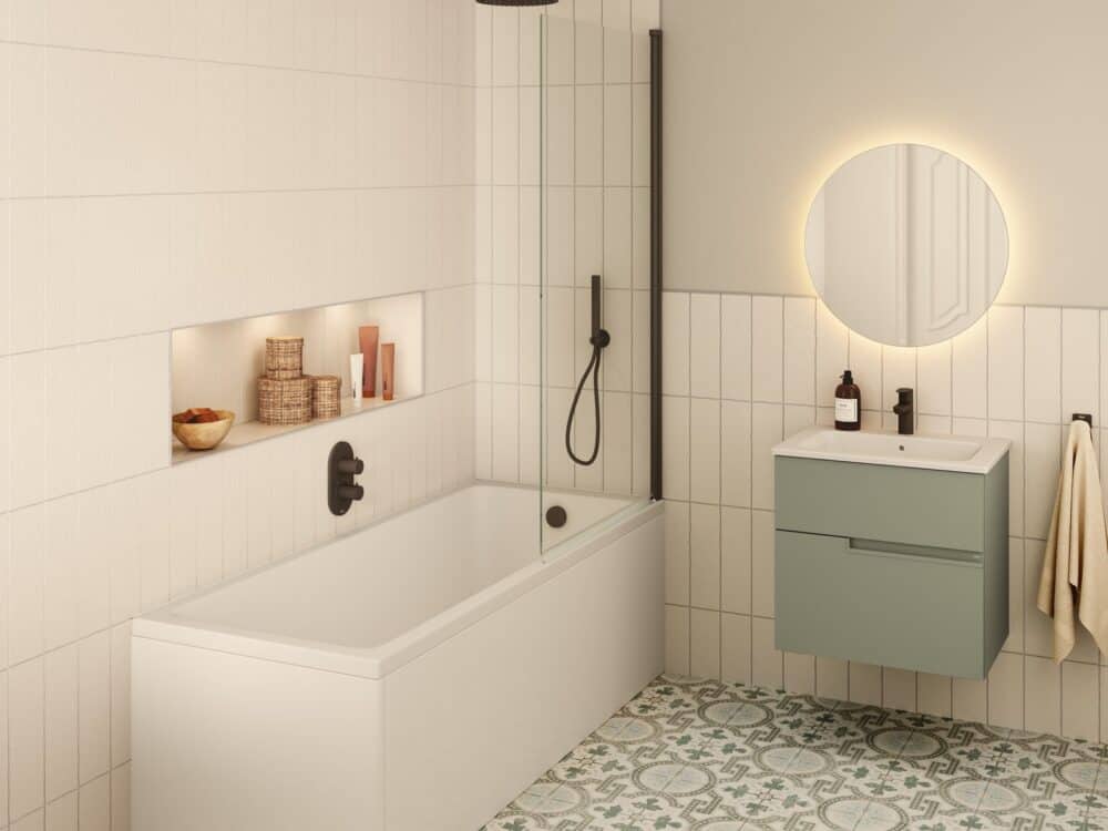 Roca Gap bath with a sage green vanity unit, Victoria N basin and round illuminated mirror