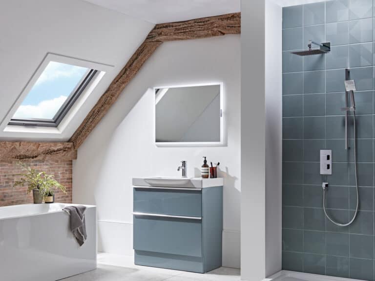 A Roper Rhodes Academy 800 vanity unit in agave with a bath and a walk-in shower in a loft bathroom
