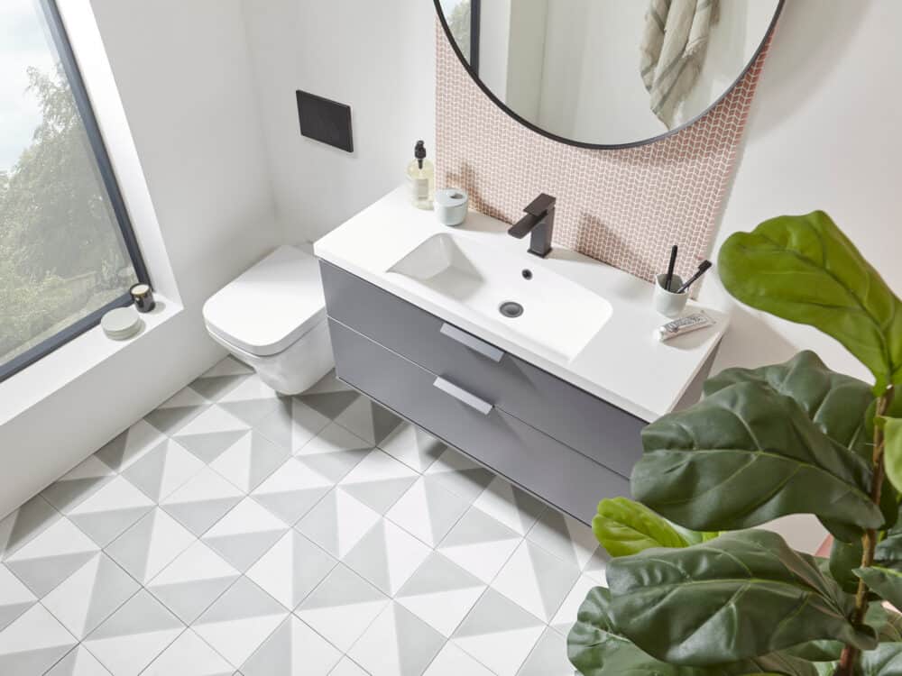 Roper Rhodes Scheme vanity unit in matt carbon seen from above on a geometric tiled floor