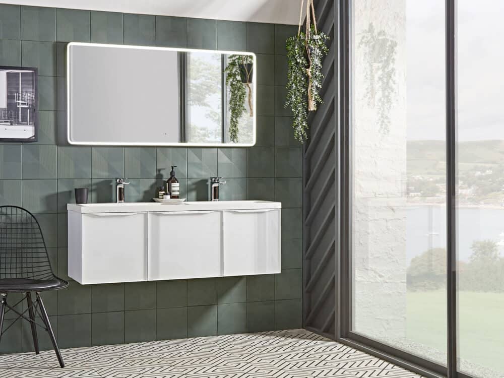 Roper Rhodes Frame 1200 wall hung vanity unit in gloss white against a green tiled wall