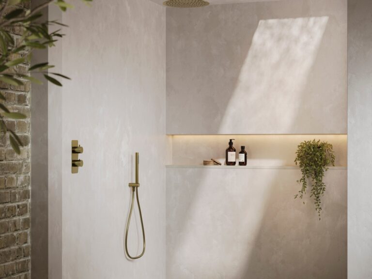 Concealed thermostatic shower valve and handset in brushed brass