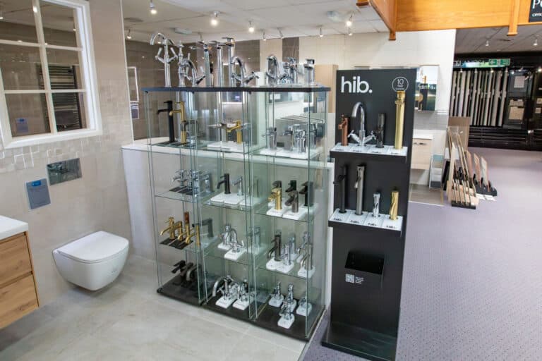 The hib display cabinet on the showroom floor, with the showroom beyond