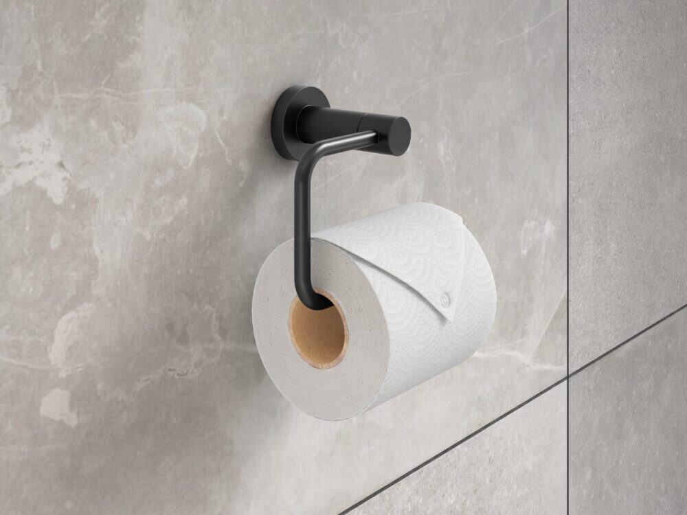 MyLife Avon toilet roll holder in black in a bathroom setting