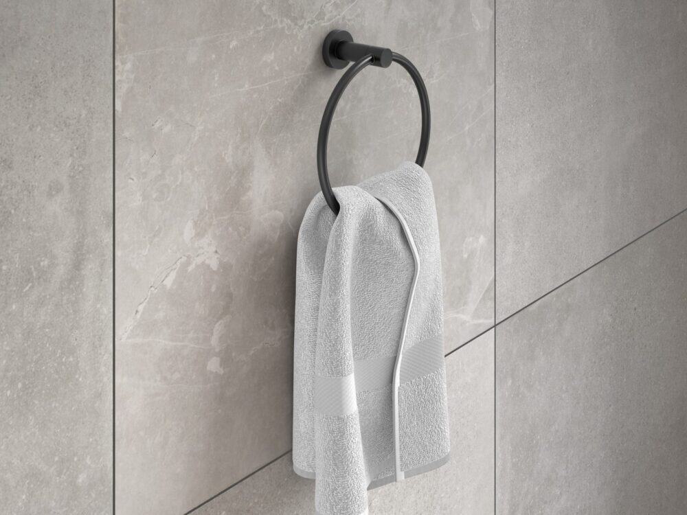 MyLife Avon towel ring in black in a bathroom setting