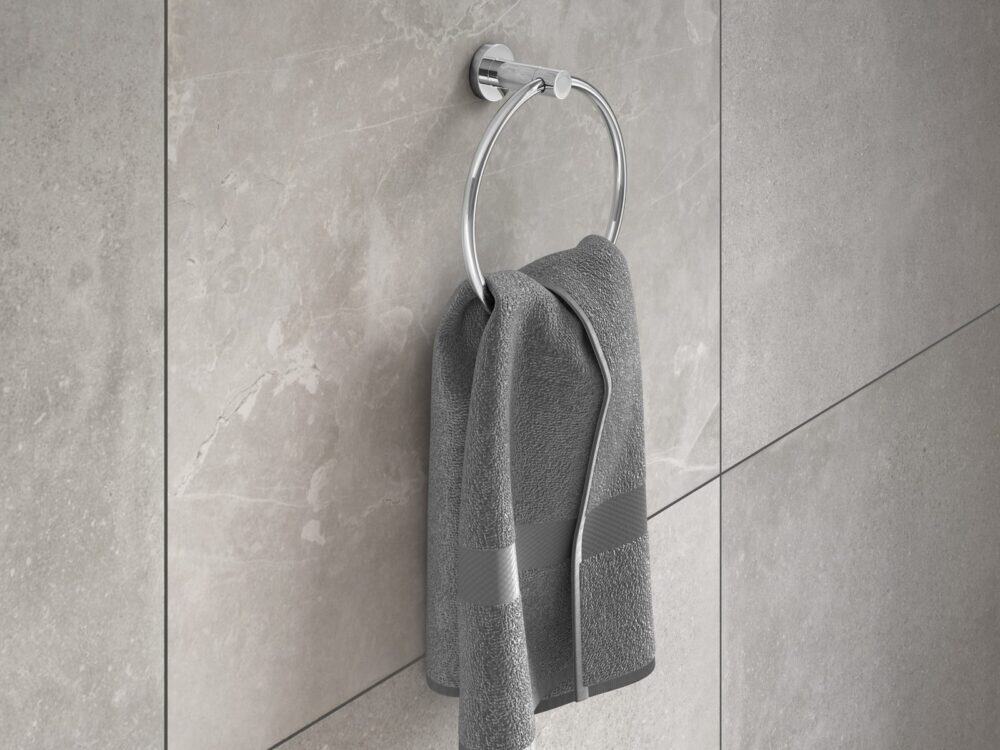 MyLife Avon towel ring in chrome in a bathroom setting
