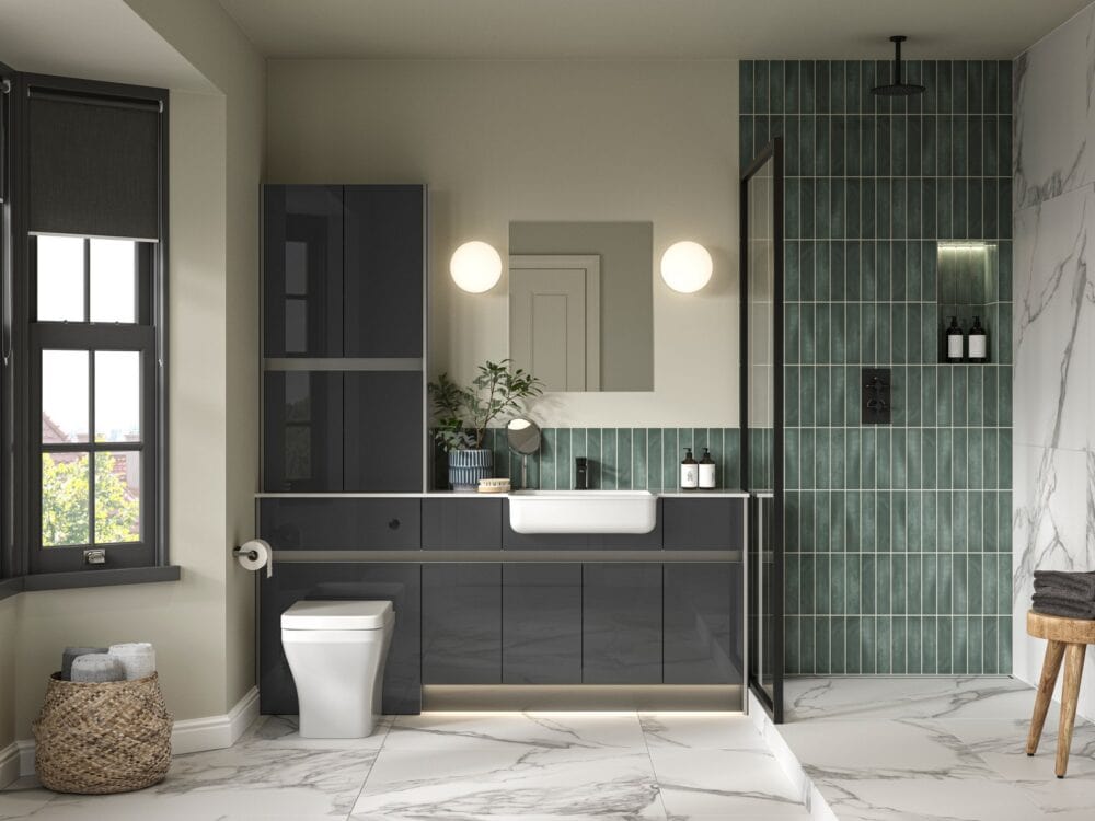 Calypso Bowland in Metallic Slate in a bathroom setting