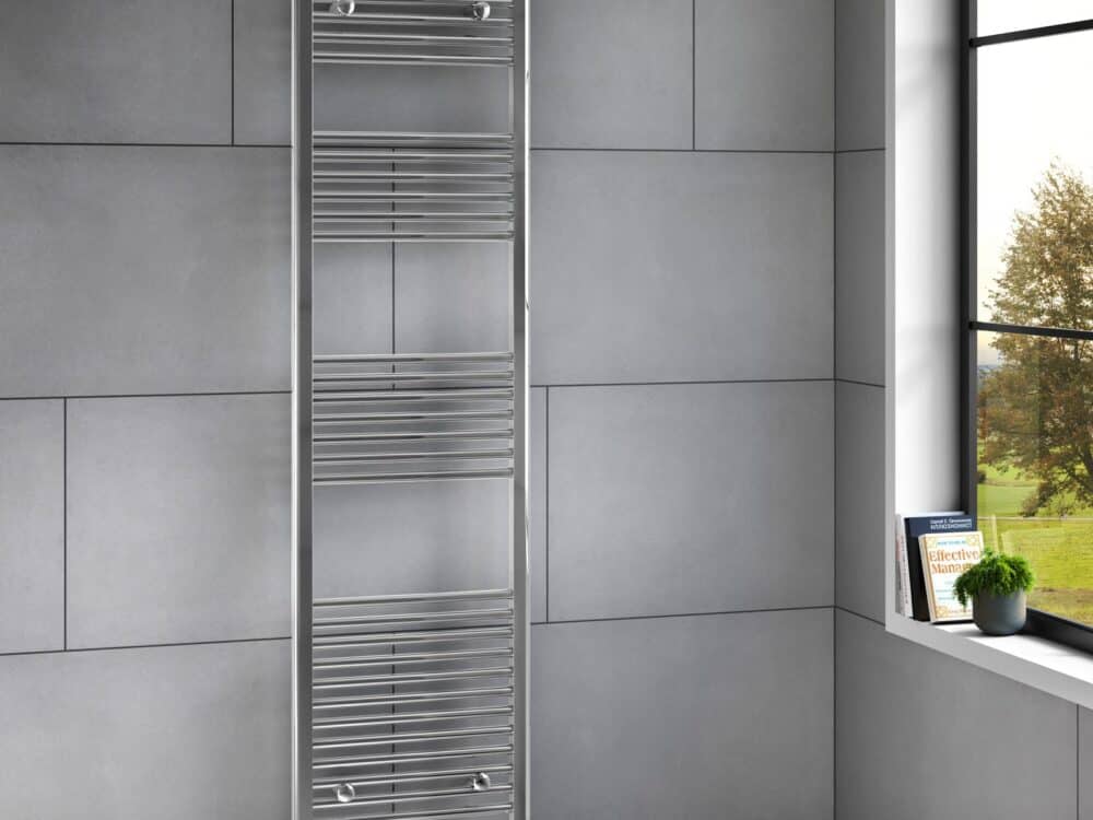 MyLife Alma 1800 x 500 straight chrome heated towel rail in a bathroom setting