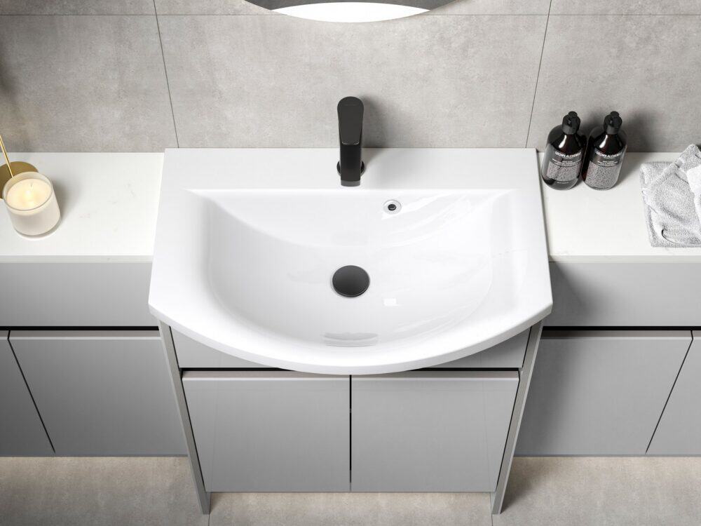 Calypso Bowland suite in Frost Grey in a bathroom setting