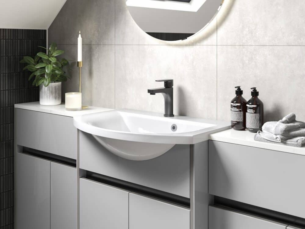Calypso Bowland fitted furniture in Frost Grey in a bathroom setting