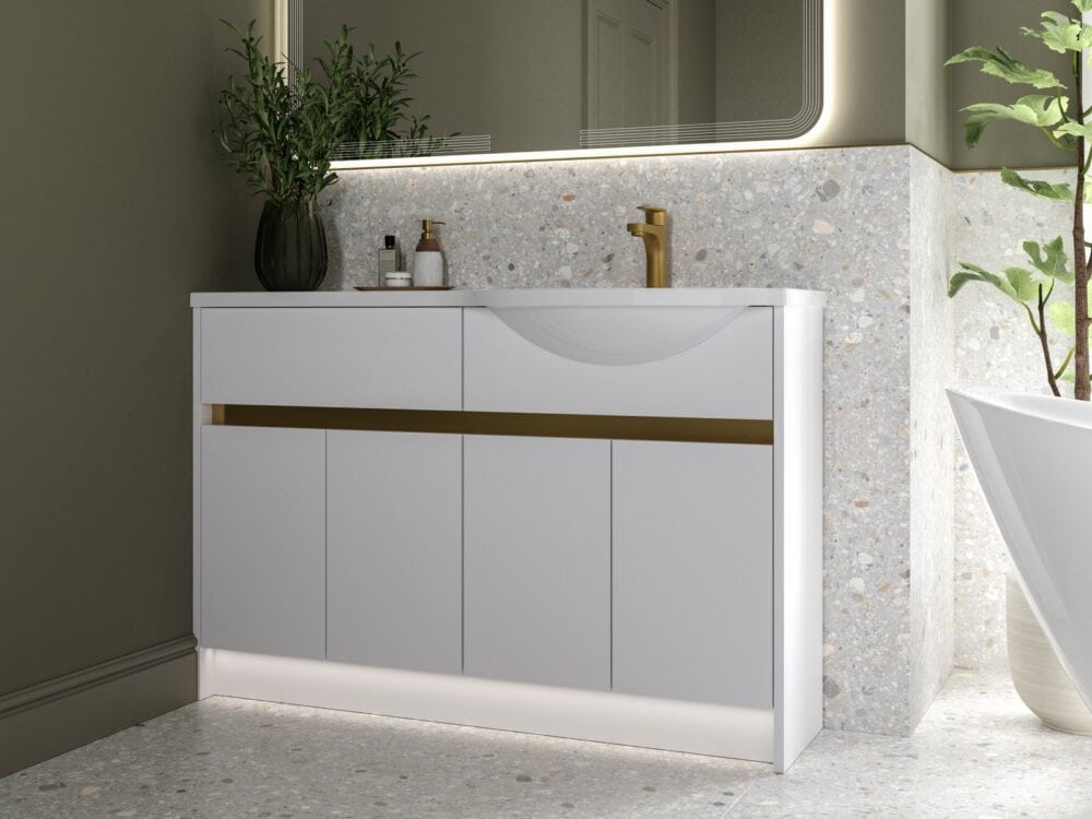 Calypso Bowland fitted furniture in Frost White in a bathroom setting