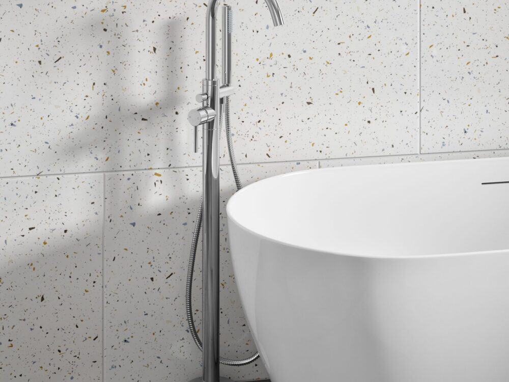 MyLife Avon floor-standing bath shower mixer in chrome in a bathroom setting