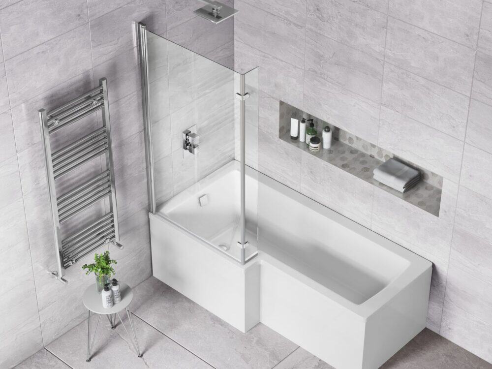 MyLife L-shape 1700 shower bath, left hand in a bathroom setting