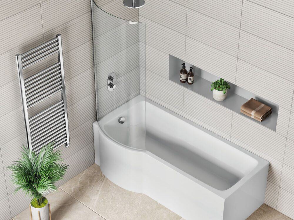 MyLife P-shape 1700 shower bath, left hand in a bathroom setting