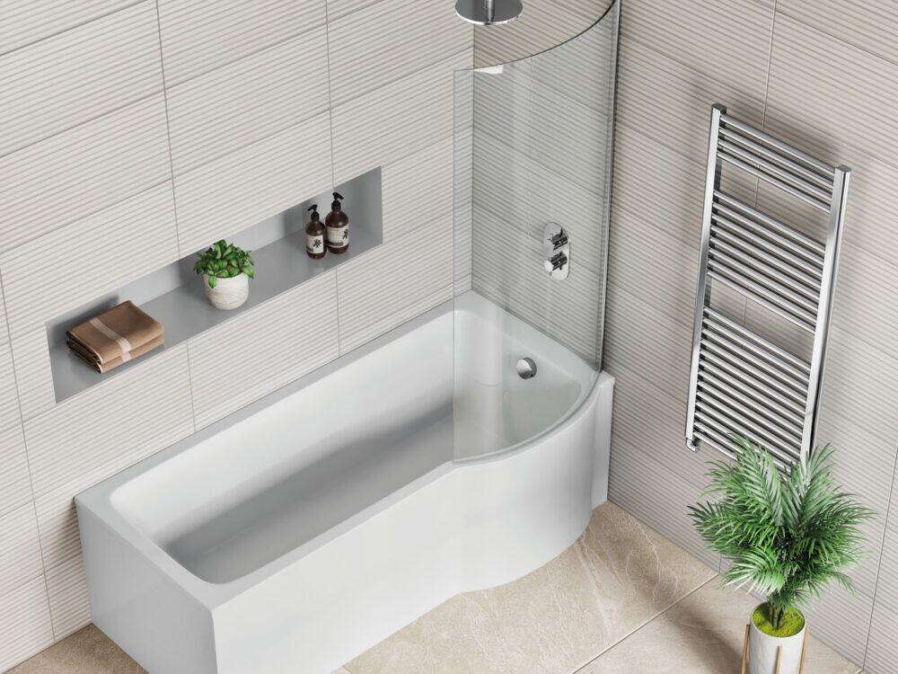 MyLife P-shape 1700 shower bath, right hand in a bathroom setting