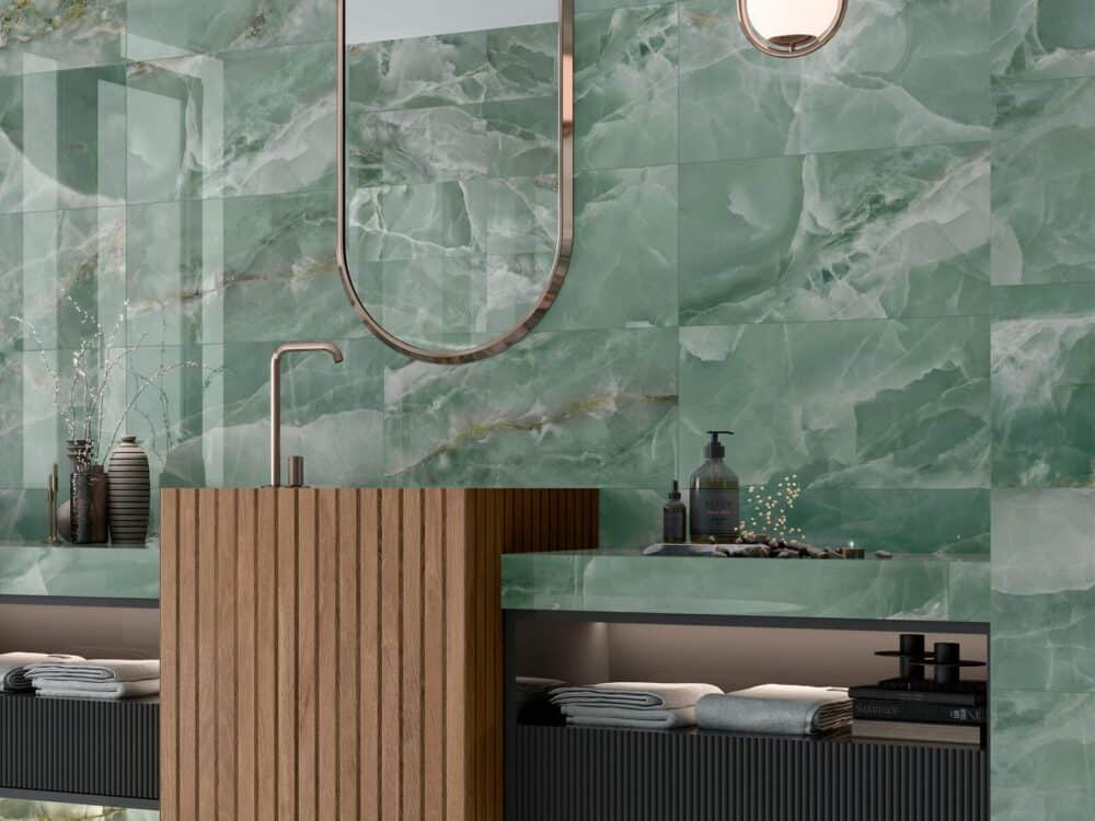 Craven Dunnill Cavella Green Gloss and Ivory Matt tiles in a bathroom setting