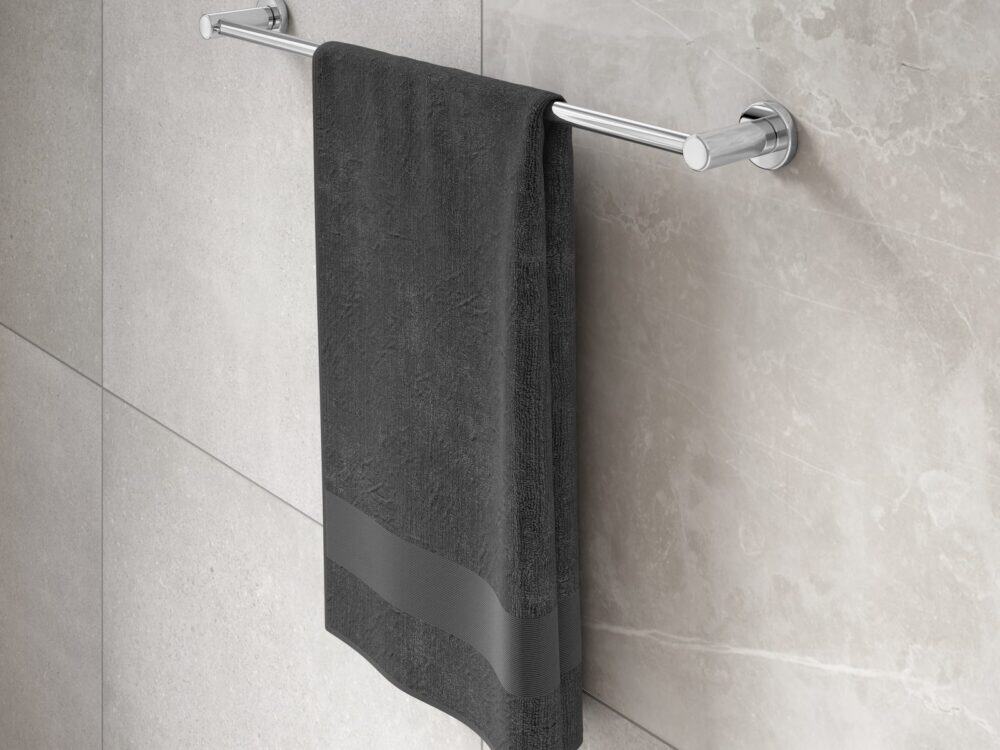 MyLife Avon single towel rail in chrome in a bathroom setting