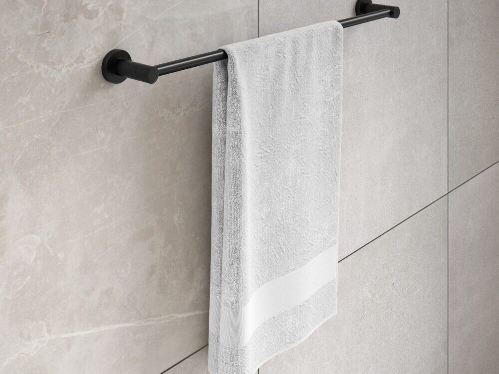 MyLife Avon single towel rail in black in a bathroom setting