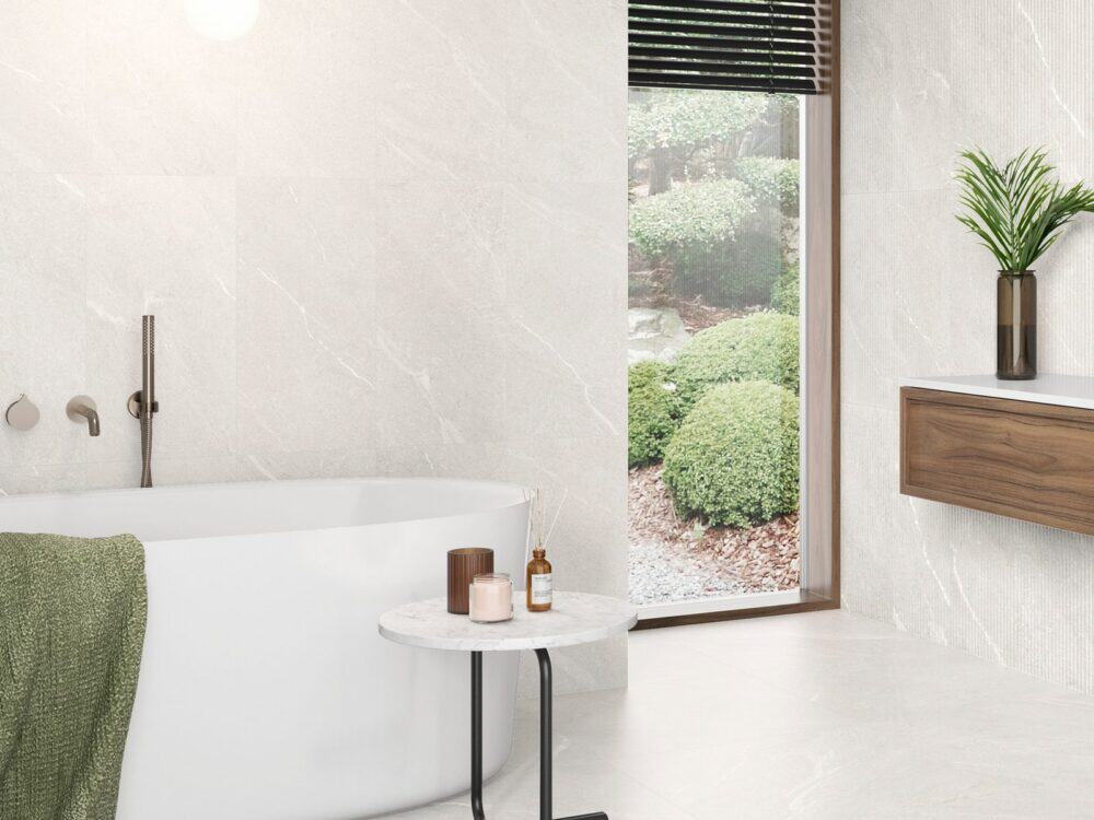 Craven Dunnill Tribeca White Matt and Decor tiles in a bathroom setting