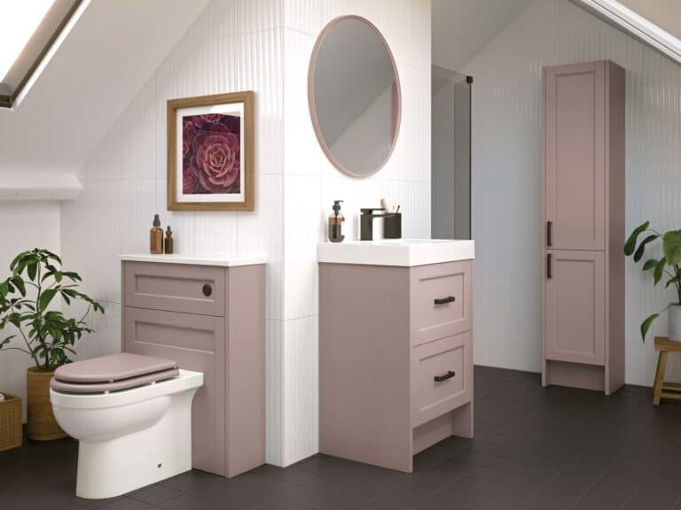 Utopia Roseberry bathroom furniture, basin and WC in a pink attic room set