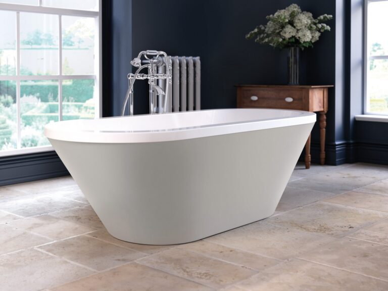 Utopia Roseberry Sensuelle freestanding bath in Dove Grey with floor-standing tap