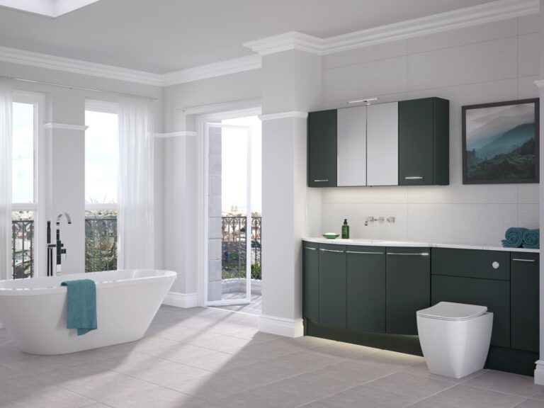 Utopia Symmetry fitted bathroom furniture in Bay Green with freestanding bath