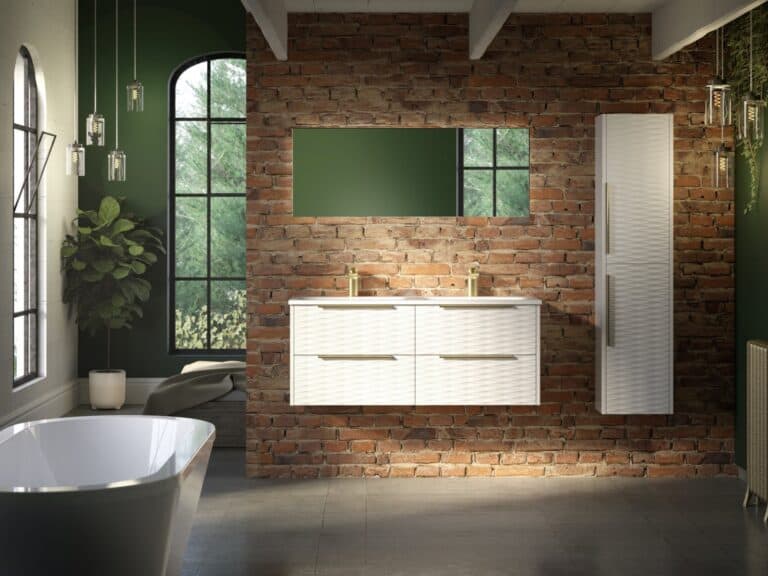 Utopia HeyU Wave wall-hung twin vanity unit in white gloss against exposed brick