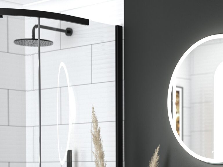 Utopia matt black shower valve and rain head in a walk-in enclosure