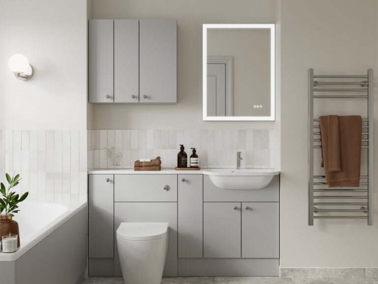 Veldeau Aston matt grey fitted bathroom furniture with wall cabinets, an illuminated mirror and a back-to-wall WC
